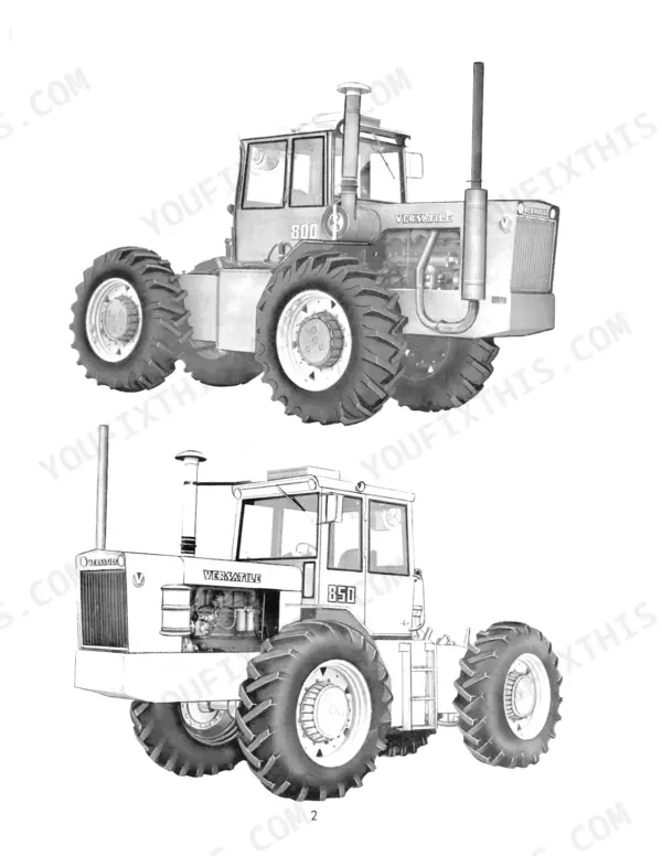 ebc82765-b--4 Versatile 800, 850 tractor exterior view illustrations showing the 4WD tractor body, cab, and engine compartment layout.