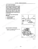 New Holland L865, LX865, LX885, LX985 cab tilting procedure, jack and support bracket components, and boom tilt diagram.