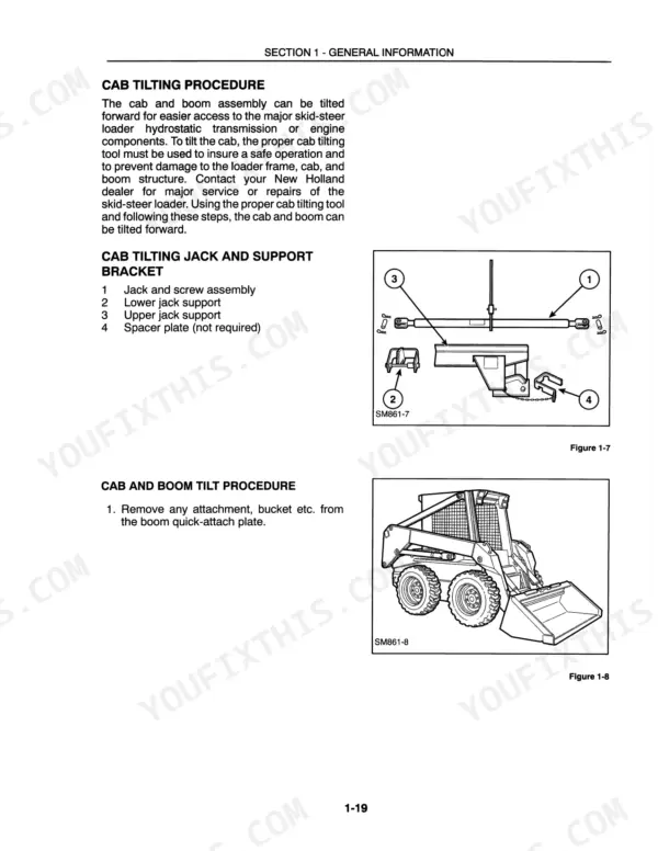 New Holland L865, LX865, LX885, LX985 cab tilting procedure, jack and support bracket components, and boom tilt diagram.