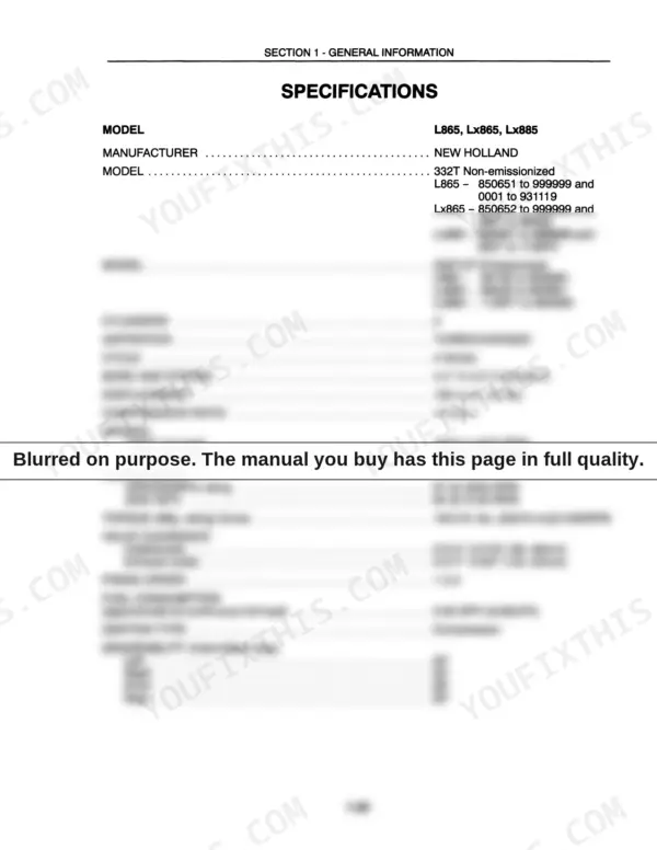 New Holland L865, LX865, LX885, LX985 engine specifications table for 332T diesel engines including bore, stroke, and torque.