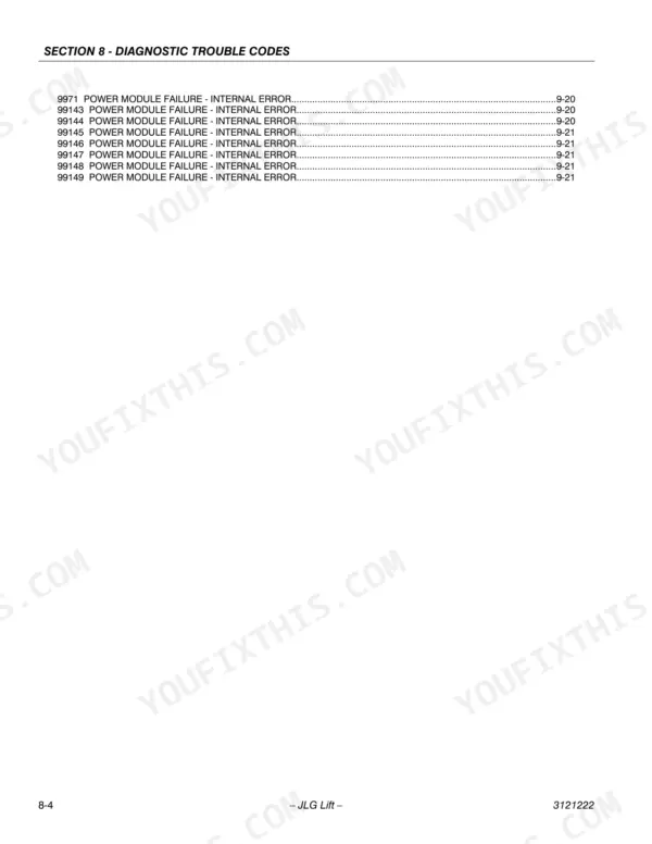 JLG 1230ES service manual page listing diagnostic trouble codes 9971 through 9949 for power module internal errors.