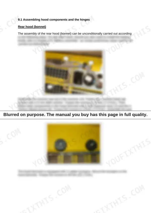 Wacker Neuson DPU 130 rear hood assembly procedure, showing receiver unit, grid installation, and rubber bumper mounting steps.