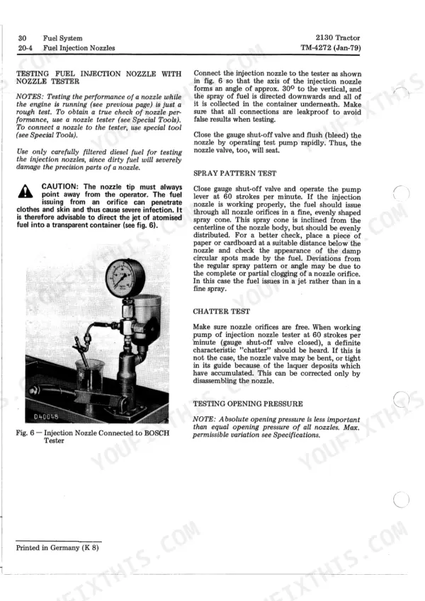 John Deere 2130 fuel injection nozzle testing procedures, including spray pattern, chatter, and opening pressure tests.