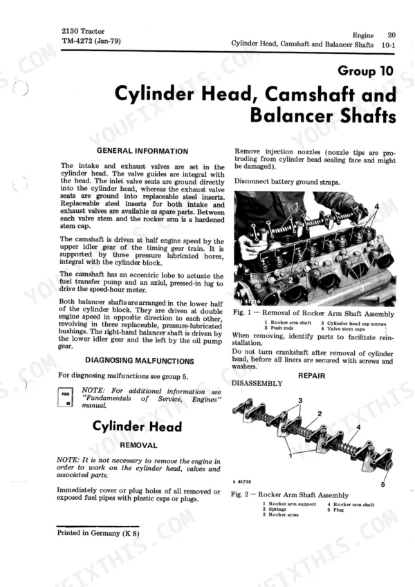 f4565e3c-b-procedures-45 John Deere 2130 engine manual: cylinder head, camshaft, and balancer shaft removal and rocker arm assembly diagrams.