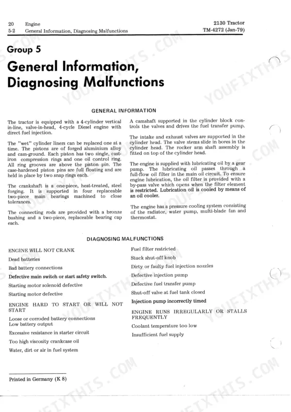 John Deere 2130 engine general information and troubleshooting guide for starting and running malfunctions.