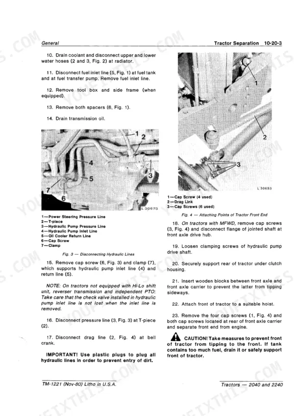 John Deere 2040, 2240 tractor separation procedures, hydraulic line disconnection diagrams, and front end attachment points.