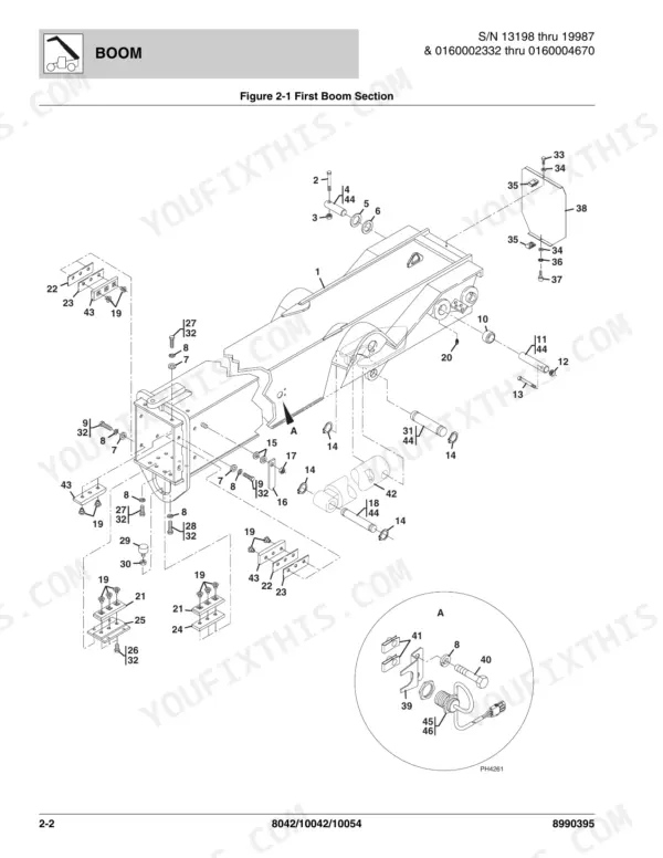 Skytrak 8042, 10042, 10054 exploded view diagram of the first boom section and associated hardware components.