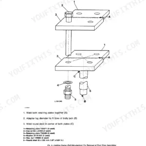 John Deere 2950 manual diagram for self-manufactured holding device to remove final drive assemblies with parts list.