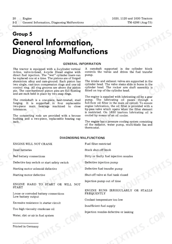 John Deere 1020, 1120, 1630 engine general information and troubleshooting guide for starting and running malfunctions.