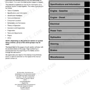 John Deere 2020, 2030, ProGator technical manual introduction page showing section organization and manual layout.