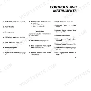 Fiat 50-86, 55-86, 60-86, 70-86, 50-86O, 55-86O, 70-86V list of tractor controls and instruments with numbered descriptions.