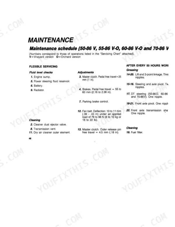 Fiat 50-86, 55-86, 60-86, 70-86, 50-86O, 55-86O, 70-86V maintenance schedule table for flexible servicing and 50-hour intervals.