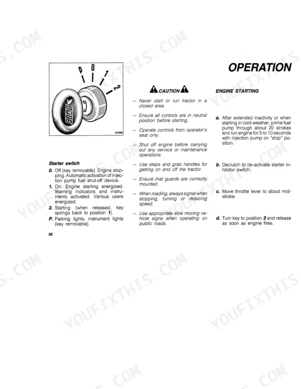 Fiat 50-86, 55-86, 60-86, 70-86, 50-86O, 55-86O, 70-86V starter switch diagram, engine starting procedures, and safety precautions.