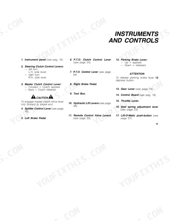 fiat-55-85-60-85-crawler-tractor-operator-manual-603-64-259-00-controls-17.webp Fiat 55-85, 60-85 operator manual page listing instruments and controls, including clutch, brake, and hydraulic lift levers.