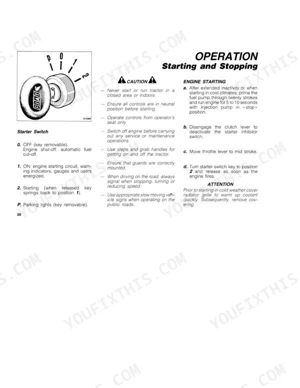 Fiat 55-85, 60-85 starter switch diagram and engine starting and stopping operation procedures.