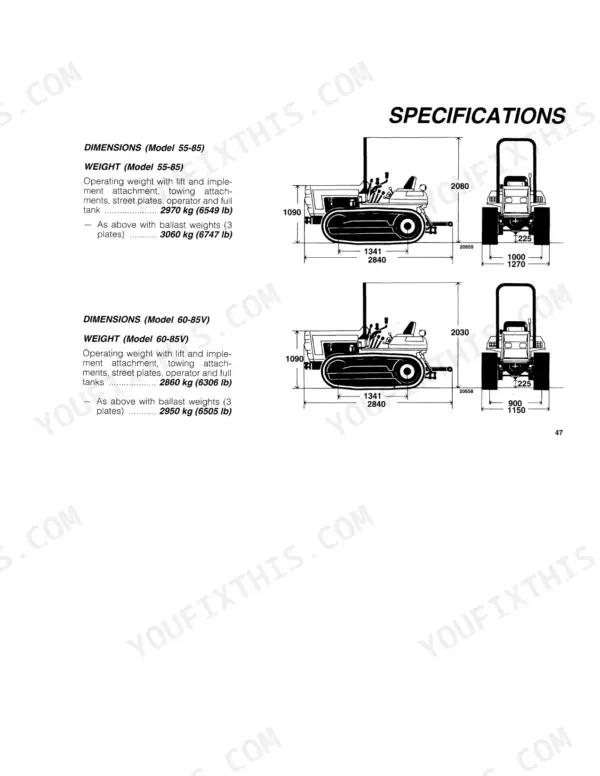 Fiat 55-85, 60-85 specifications page showing crawler tractor dimensions, operating weights, and side and rear view diagrams.