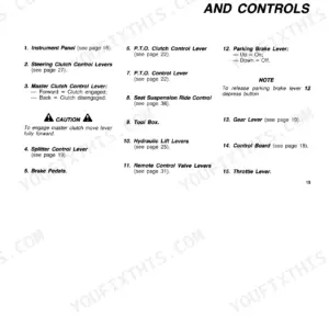 Fiat 70-65, 80-65 operator manual page listing instruments and controls, including master clutch, PTO, and parking brake levers.