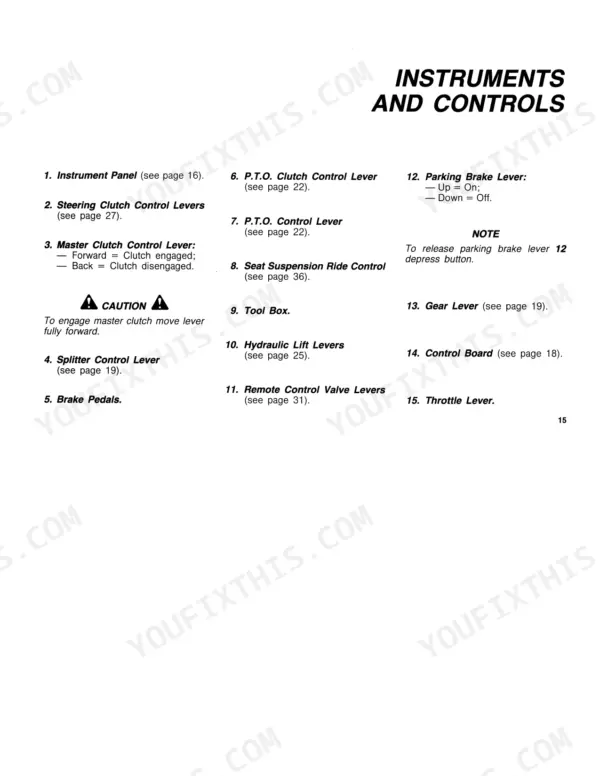 fiat-70-65-80-65-crawler-tractor-operator-manual-603-64-074-00-controls-21.webp Fiat 70-65, 80-65 operator manual page listing instruments and controls, including master clutch, PTO, and parking brake levers.