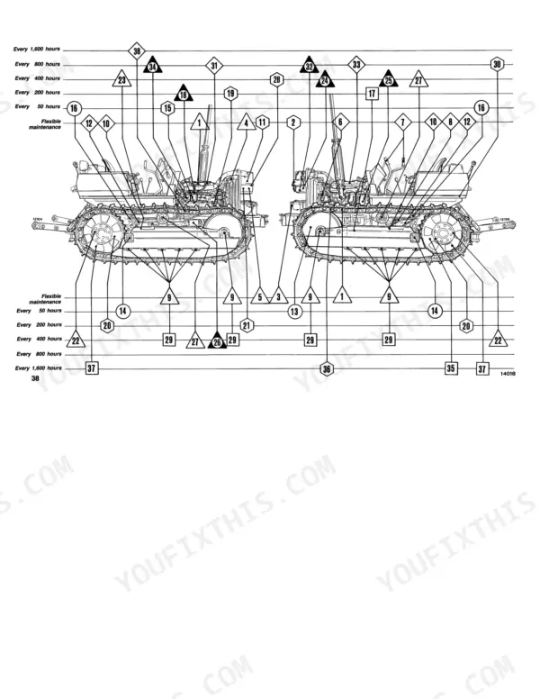 Fiat 70-65, 80-65 maintenance diagram showing lubrication and service points on the crawler tractor chassis.