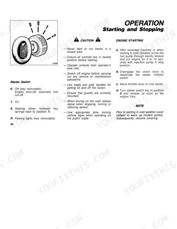Fiat 70-65, 80-65 operator manual page showing starter switch positions, engine starting procedures, and safety cautions.