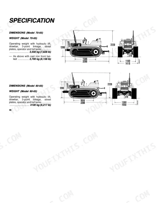 Fiat 70-65, 80-65 specification page showing crawler tractor dimensions, operating weights, and side/front view diagrams.