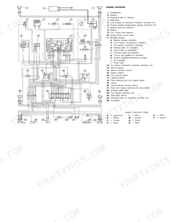 Fiat 70-65, 80-65 complete electrical wiring diagram with component legend, fuse box, and cable color code table.