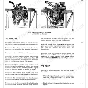 Fiat 780 and 880 tractors, including DT variants: engine removal and refit procedure steps and rotary stand diagrams.