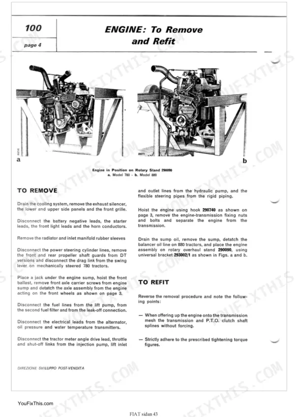 fiat-780-780-dt-880-880-dt-tractor-workshop-manual-603-54-201-procedures-43.webp Fiat 780 and 880 tractors, including DT variants: engine removal and refit procedure steps and rotary stand diagrams.