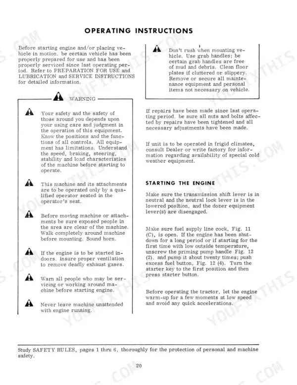 Fiat-Allis 8-B operating instructions, safety warnings, and engine starting procedures for the crawler tractor.