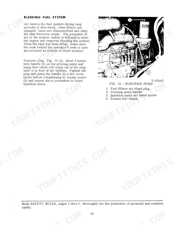 Fiat-Allis 8-B fuel system bleeding procedure with injection pump diagram showing bleed plug, priming pump, and air bleed screw.