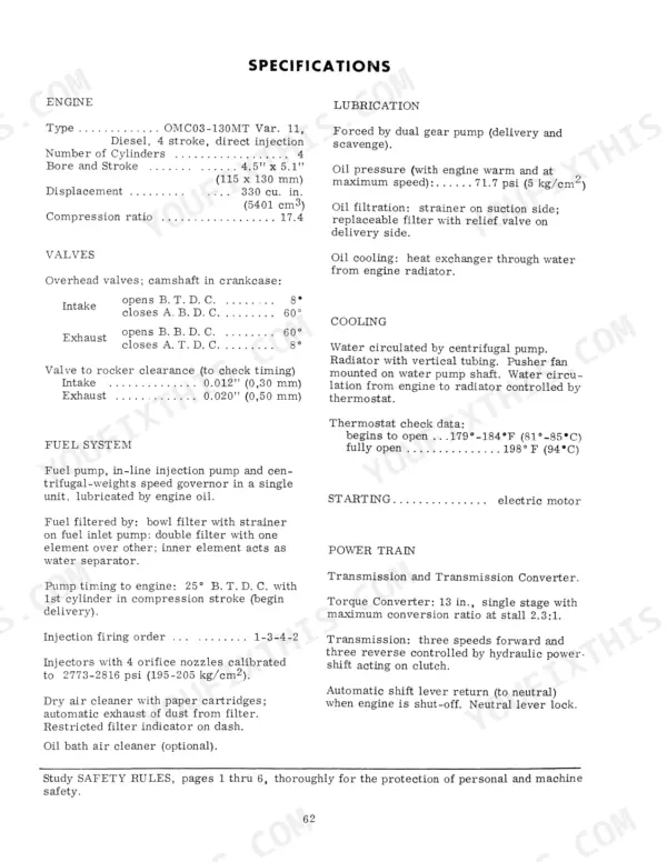Fiat-Allis 8-B engine, lubrication, cooling, fuel system, and power train technical specifications table.