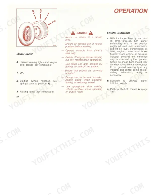 Fiat 130-90 Turbo, 140-90 Turbo: Starter switch diagram, operation safety warnings, and engine starting procedure instructions.