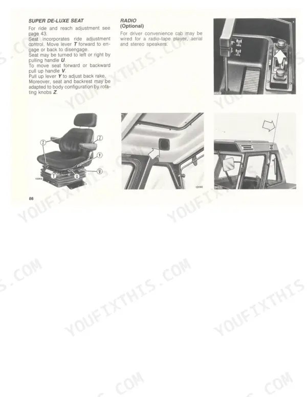 Fiat 130-90 Turbo, 140-90 Turbo: Super De-Luxe seat adjustment controls and optional radio installation diagrams.
