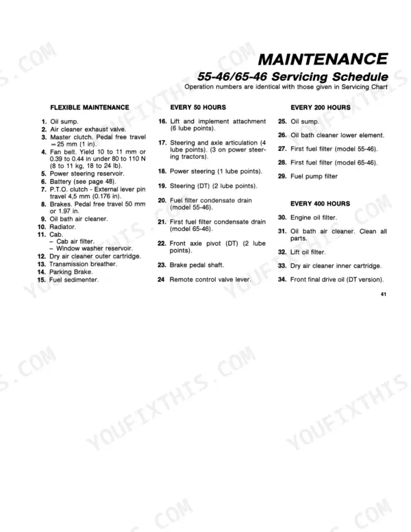 Fiat 55-46, 65-46 maintenance servicing schedule table for flexible, 50, 200, and 400 hour intervals.