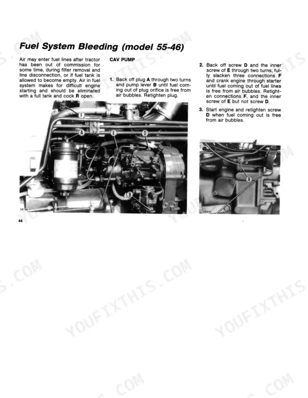 Fiat 55-46, 65-46: Fuel system bleeding procedure for CAV pump, showing fuel line connections, pump lever, and bleed screws.