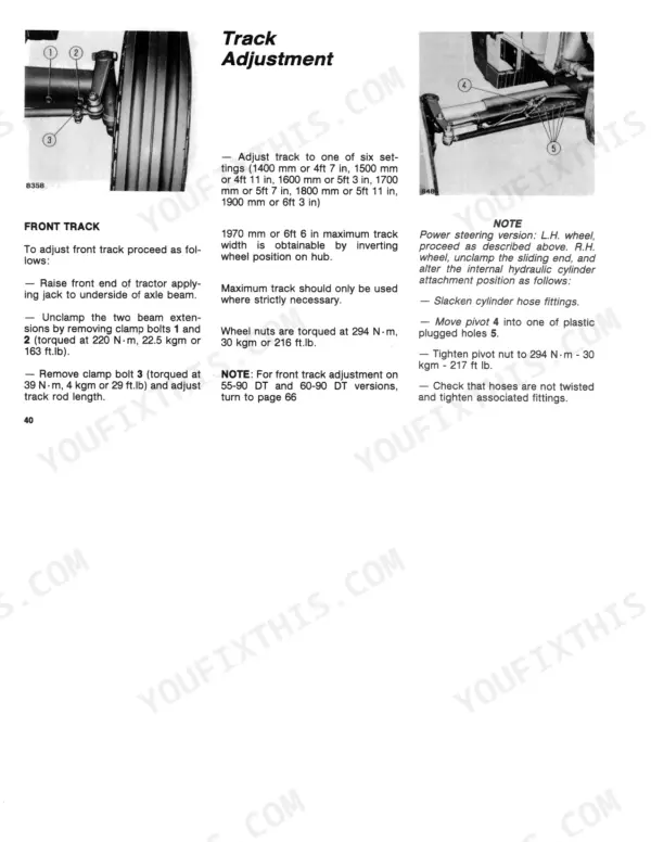 Fiat 55-90, 60-90 front track adjustment procedure, torque specifications, and steering cylinder component diagrams.