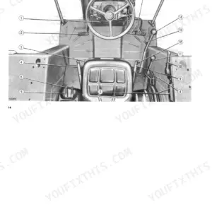 Fiat 55-90, 60-90 tractor operator station diagram showing numbered controls, steering wheel, and seat layout.