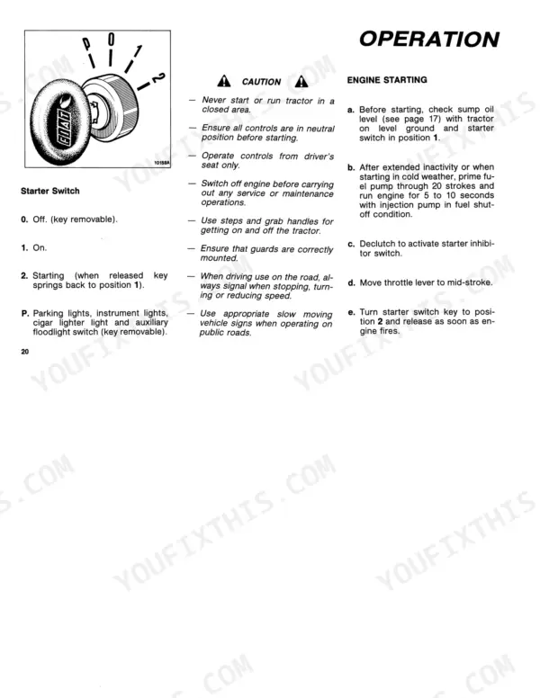 Fiat 55-90, 60-90 starter switch diagram, operation instructions, and engine starting safety procedures.