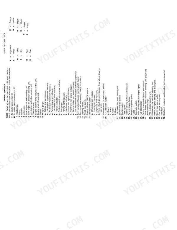 Fiat 55-90, 60-90 wiring diagram legend listing electrical components, switches, and cable color codes.