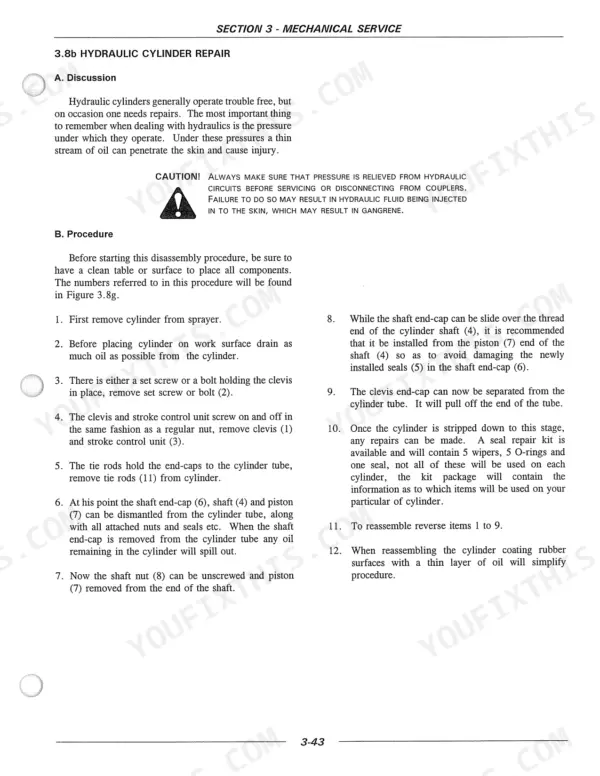Flexi-coil 55, 65, 65 XL, 65 XLT, 744A, SP655 hydraulic cylinder repair disassembly and reassembly procedure steps.