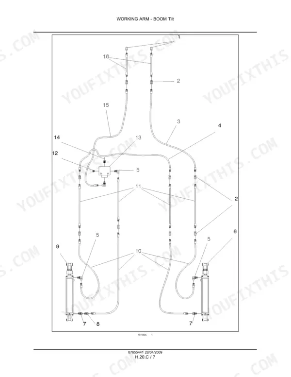 Flexi-coil 68, 68XL hydraulic diagram of working arm boom tilt system showing hoses, fittings, and cylinders.