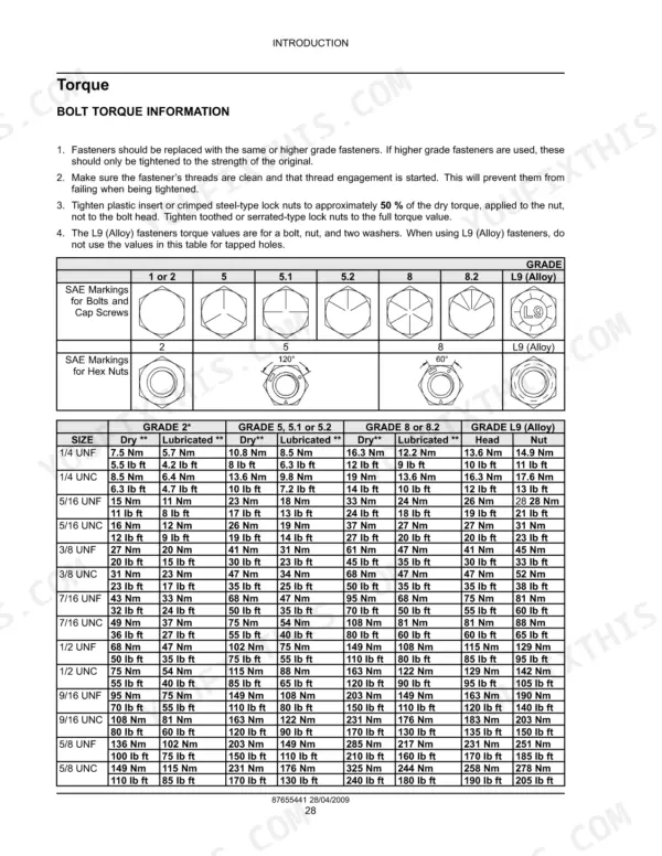 Flexi-coil 68, 68XL bolt torque information table including SAE grade markings and dry/lubricated torque specifications.