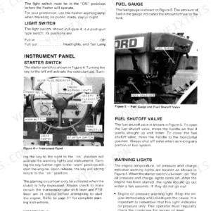Ford 1100 manual page showing instrument panel controls, fuel gauge, starter switch, and fuel shutoff valve operations.