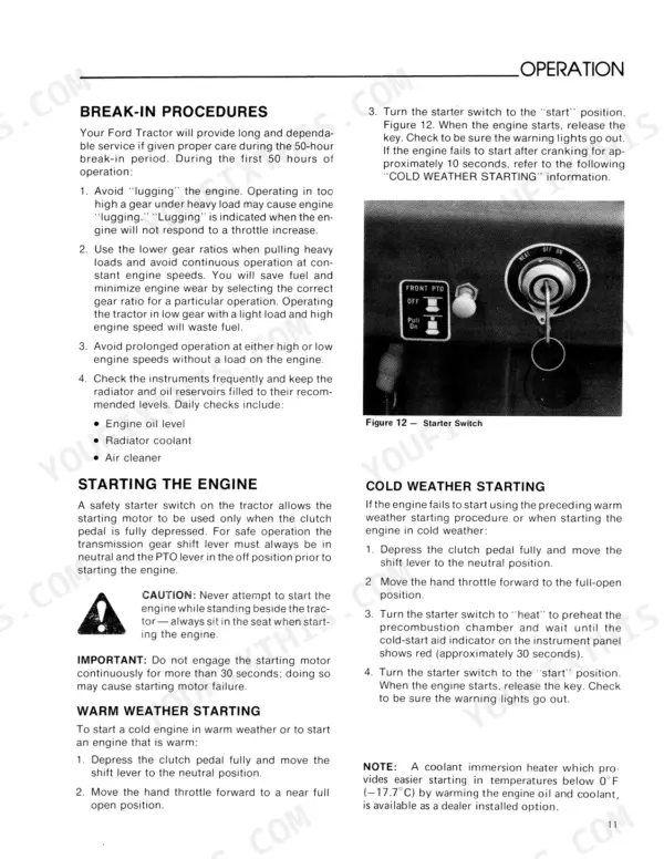 Ford 1100 operator manual page showing engine break-in, starting procedures, and starter switch diagram.