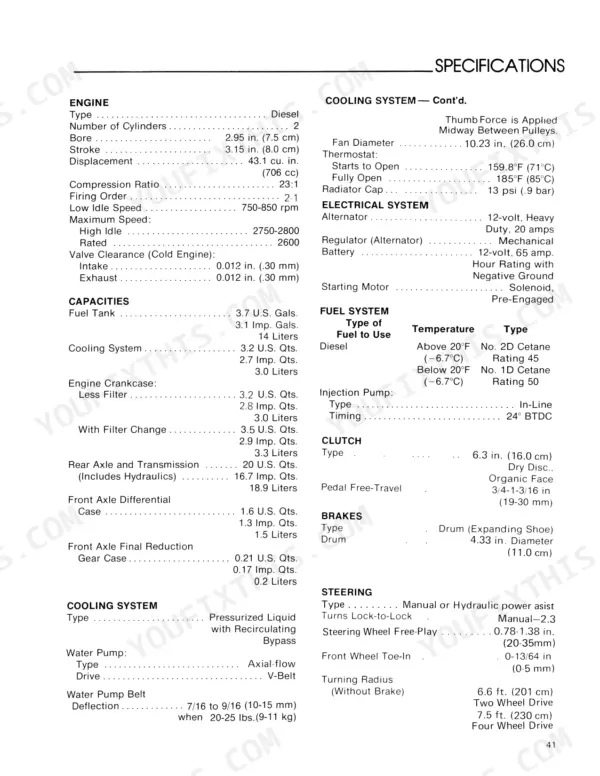 Ford 1100 engine, cooling, electrical, fuel, clutch, brake, and steering technical specifications and fluid capacities table.