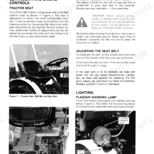 Ford 1200 manual page showing seat adjustment, roll bar safety, seat belt operation, and flasher warning lamp controls.