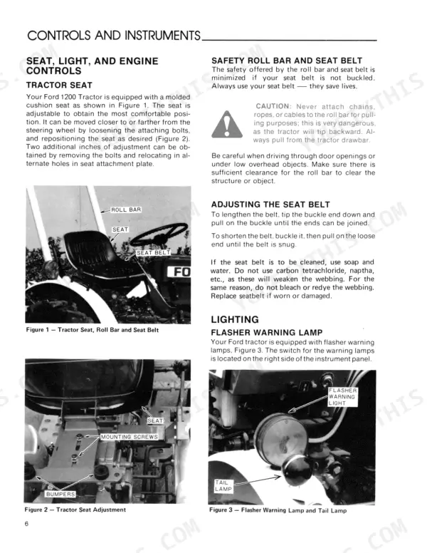 ford-1200-tractor-operator-manual-42120010-controls-8.webp Ford 1200 manual page showing seat adjustment, roll bar safety, seat belt operation, and flasher warning lamp controls.