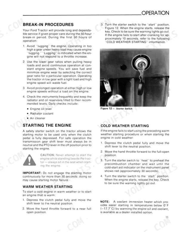 Ford 1200 tractor break-in procedures, engine starting instructions, and cold weather starting guide with starter switch photo.