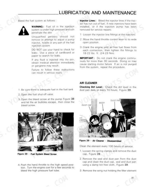 Ford 1715 manual page showing fuel system bleeding procedures, injector line bleeding, and air cleaner maintenance instructions.