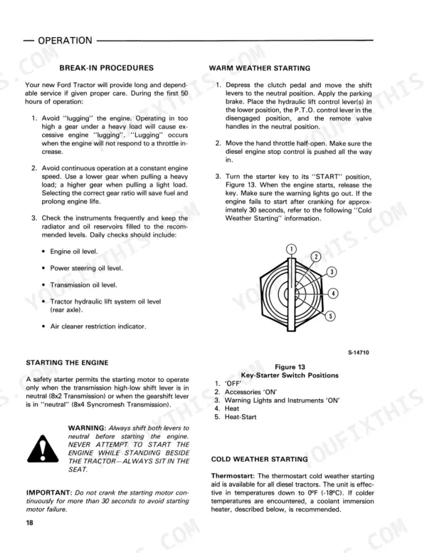 Ford 2310, 2910, 3910, 4610 break-in, warm weather starting procedures, and key-starter switch positions diagram.